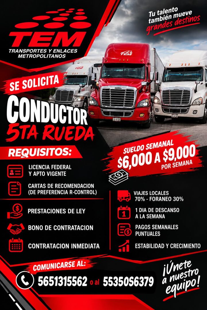 Banner del anuncio de la vacante: Tu talento · también mueve · grandes destinos · TEM · TRANSPORTES Y ENLACES · METROPOLITANOS · TEN · 08 · SE SOLICITA · CONDUCTOR · STA RUED