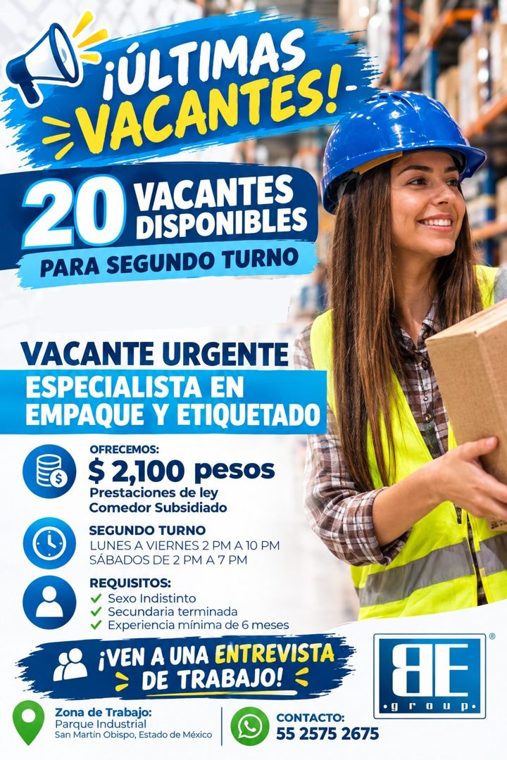 Banner del anuncio de la vacante: ¡ÚLTIMAS · → VACANTES!- · 20 · VACANTES · DISPONIBLES · PARA SEGUNDO TURNO · VACANTE URGENTE · ESPECIALISTA EN · EMPAQUE Y ETIQUETADO · OFRE