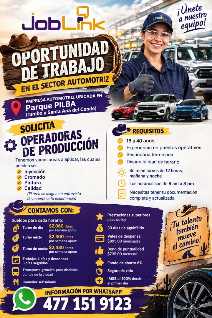 Banner del anuncio de la vacante: dobLink · Jobelink · ¡Unete · a nuestro · equipo! · OPORTUNIDAD · DE TRABAJO · EN EL SECTOR AUTOMOTRIZ · EMPRESA AUTOMOTRIZ UBICADA EN · Par