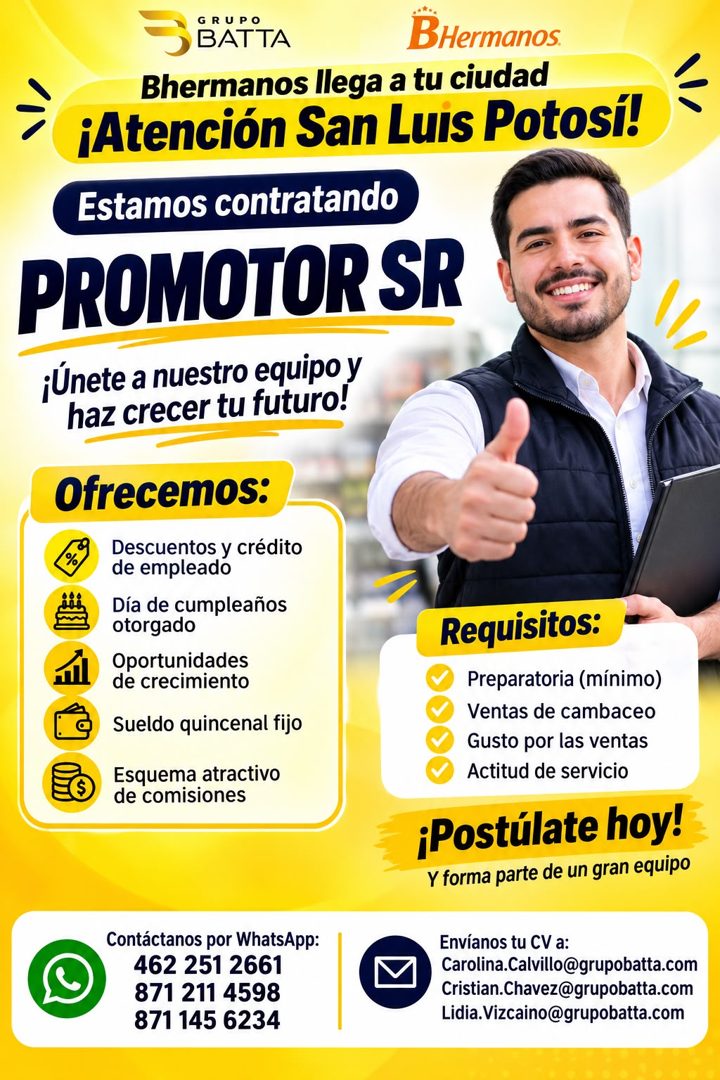 Banner del anuncio de la vacante: 3 · GRUPO · BATTA · BHermanos. · Bhermanos llega a tu ciudad · ¡Atención San Luis Potosi! · Estamos contratando · PROMOTOR SR · ¡Únete a nue