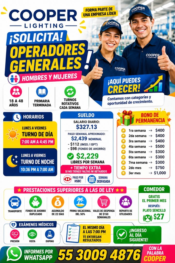 Banner del anuncio de la vacante: COOPER · LIGHTING - · ¡SOLICITA! · OPERADORES · GENERALES · HOMBRES Y MUJERES · FORMA PARTE DE · UNA EMPRESA LÍDER · OPER · CLIOHTING · COOP