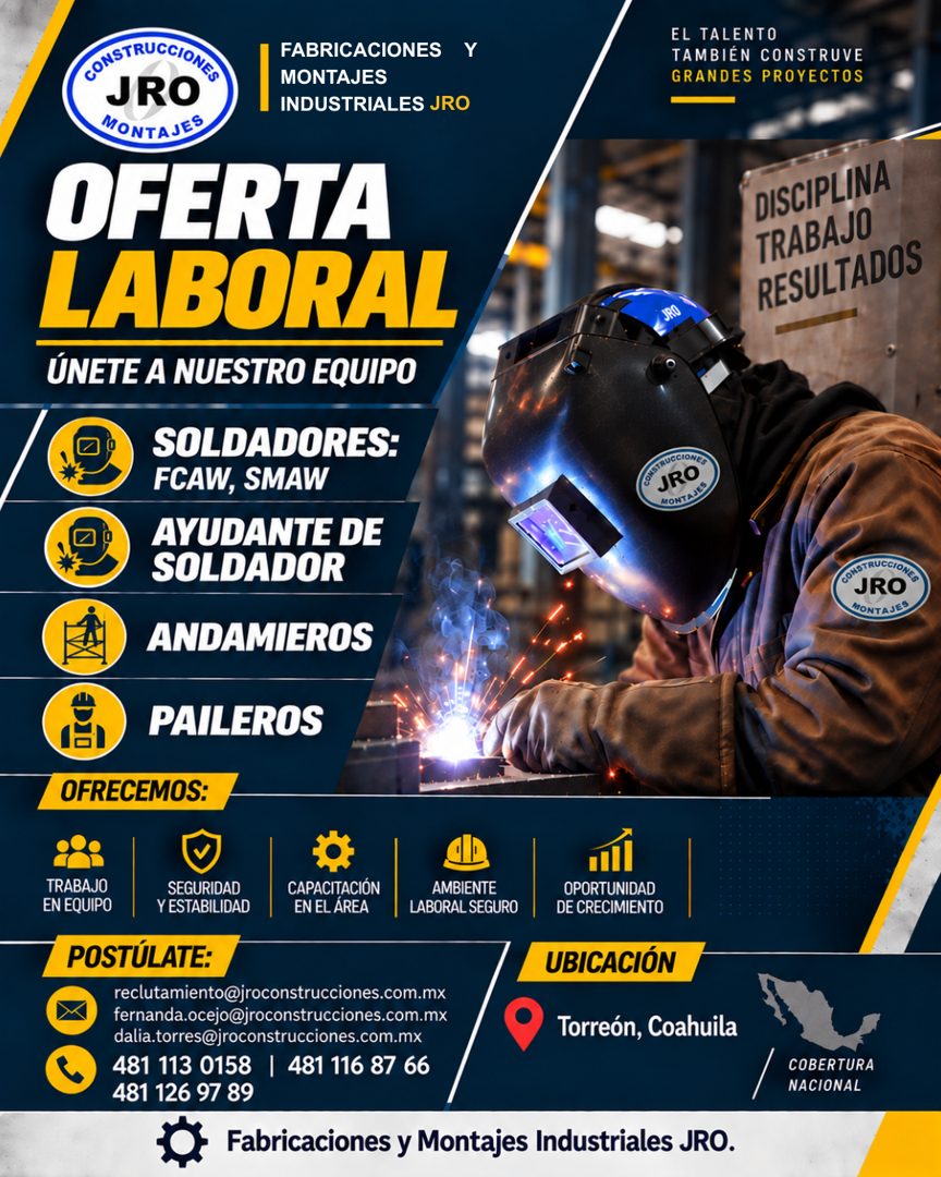 Banner del anuncio de la vacante: CONSTRUCCIONES · JRO · FABRICACIONES Y · MONTAJES · INDUSTRIALES JRO · MONTAJES · OFERTA · LABORAL · ÚNETE A NUESTRO EQUIPO · SOLDADORES: · 