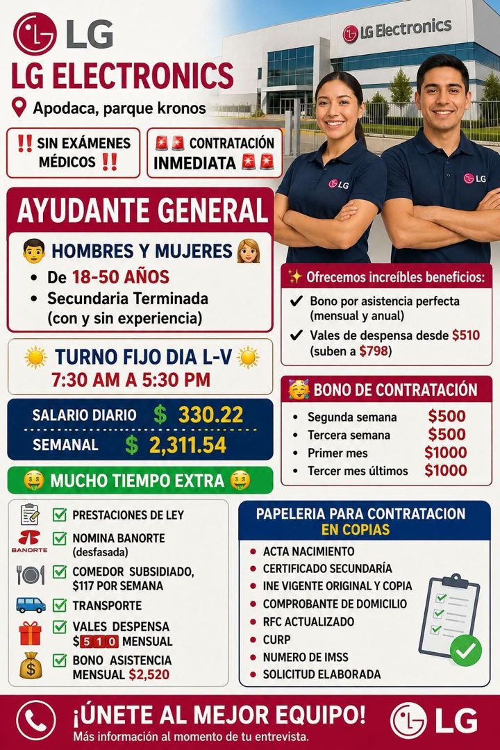 Banner del anuncio de la vacante: LG · LG ELECTRONICS · • Apodaca, parque kronos · LG Electronics · !! SIN EXÁMENES · MÉDICOS !! · CONTRATACIÓN · INMEDIATA · CL LG · GLG · AY