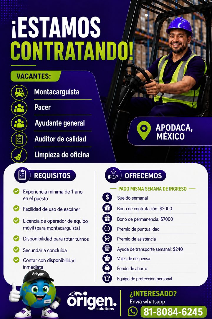 Banner del anuncio de la vacante: ¡ESTAMOS · CONTRATANDO! · VACANTES: · Montacarguista · Pacer · Ayudante general · Auditor de calidad · Limpieza de oficina · APODACA, · MEXI