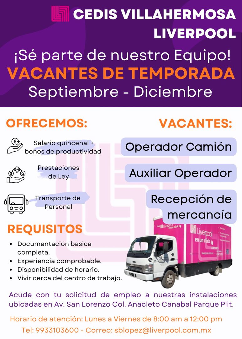 Banner del anuncio de la vacante: CEDIS VILLAHERMOSA · LIVERPOOL · ¡Sé parte de nuestro Equipo! · VACANTES DE TEMPORADA · Septiembre - Diciembre · OFRECEMOS: · Salario quince