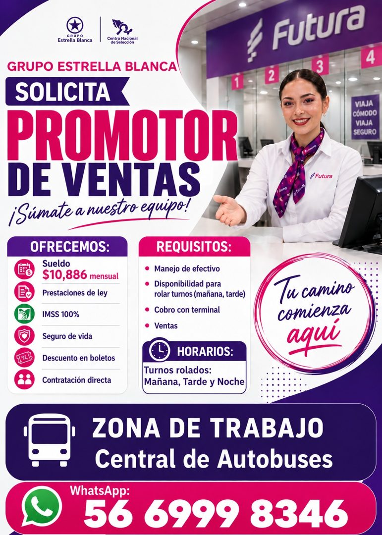 Banner del anuncio de la vacante: GRUPO · Estrella Blanca · Centro Nacional · de Selección · GRUPO ESTRELLA BLANCA · SOLICITA · PROMOTOR · DE VENTAS · ¡Súmate a nuestro equip