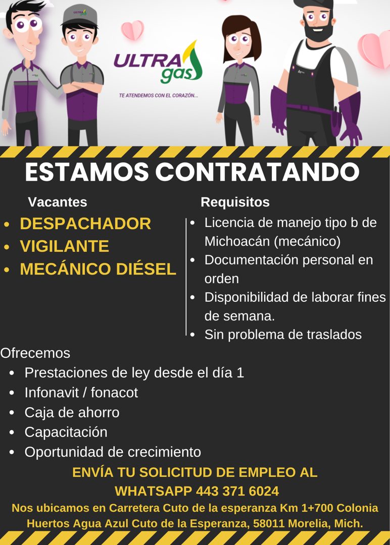 Banner del anuncio de la vacante: ULTRA · gas · TE ATENDEMOS CON EL CORAZÓN... · ESTAMOS CONTRATANDO · Vacantes · • DESPACHADOR · • VIGILANTE · • MECÁNICO DIÉSEL · Requisitos