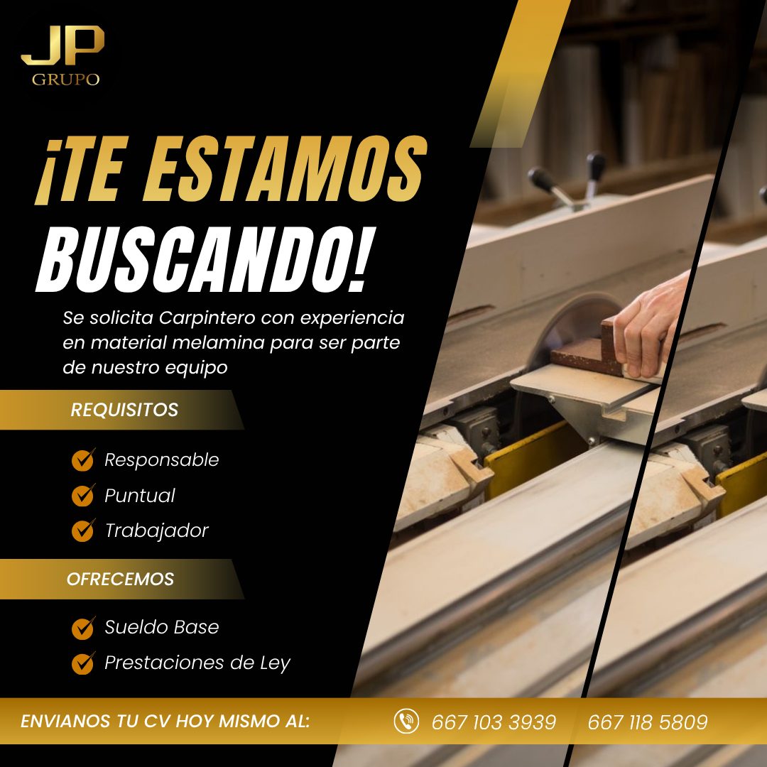 Banner del anuncio de la vacante: GRUPO · iTE ESTAMOS · BUSCANDO! · Se solicita Carpintero con experiencia · en material melamina para ser parte · de nuestro equipo · REQUISI