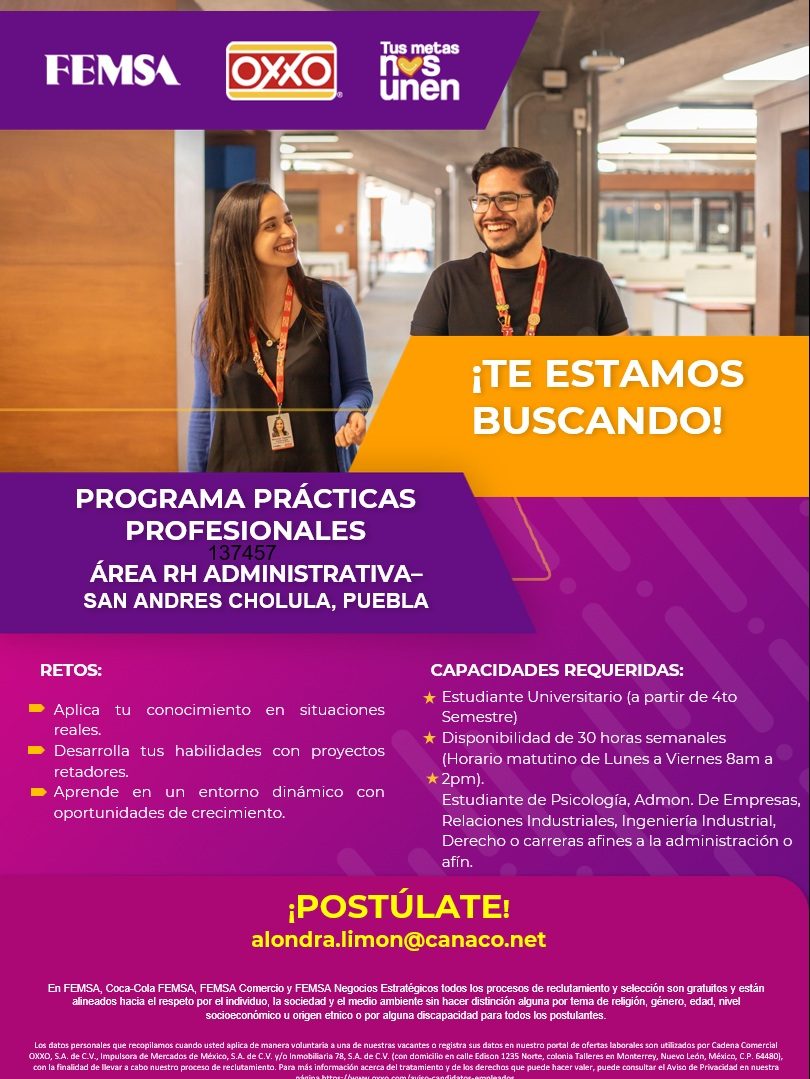 Banner del anuncio de la vacante: FEMSA · OXXO · Tus metas · nes · unen · ¡TE ESTAMOS · BUSCANDO! · PROGRAMA PRÁCTICAS · PROFESIONALES · 37451 · ÁREA RH ADMINISTRATIVA- · SAN