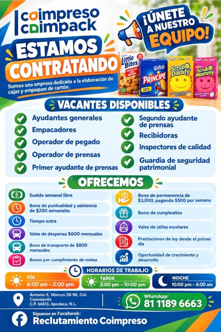 Banner del anuncio de la vacante: colmpreso · cnimpack · ¡ÚNETE · A NUESTRO · EQUIPO! · ESTAMOS · CONTRATANDO · Little · Bites · CHOCOLATE · CHBP · MUFFINS · Somos una empres