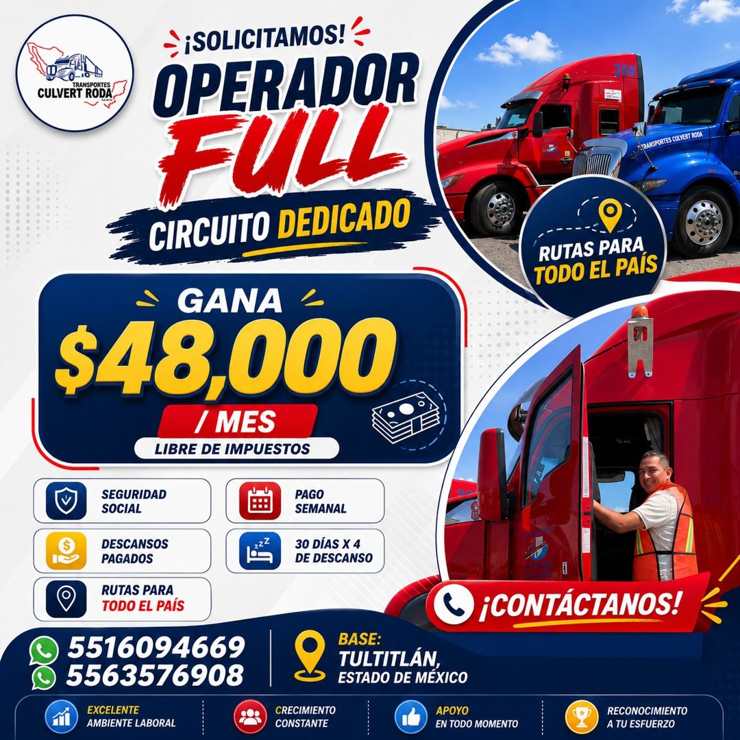Banner del anuncio de la vacante: TRANSPORTES · CULVERT RODA · ÷' ¡SOLICITAMOS! · OPERADOR · FULL · CIRCUITO DEDICADO® · ARANSPORTES CULVENT ROOA · RUTAS PARA · TODO EL PAÍS 