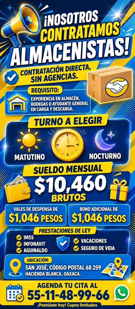 Banner del anuncio de la vacante: ¡NOSOTROS · CONTRATAMOS · ALMACENISTAS! · CONTRATACIÓN DIRECTA, · SIN AGENCIAS. · REQUISITO: · EXPERIENCIA EN ALMACÉN, · BODEGAS O AYUDANTE 