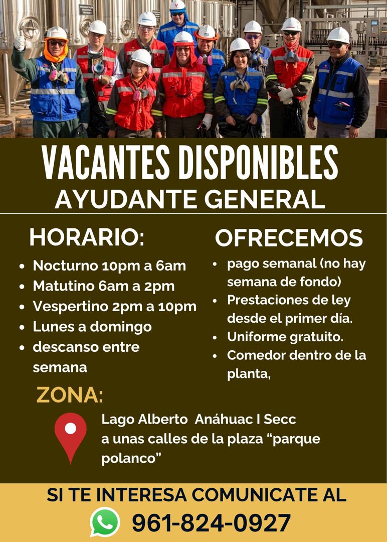 Banner del anuncio de la vacante: VACANTES DISPONIBLES · AYUDANTE GENERAL · HORARIO: · • Nocturno 10pm a 6am · • Matutino 6am a 2pm · • Vespertino 2pm a 10pm · • Lunes a domi