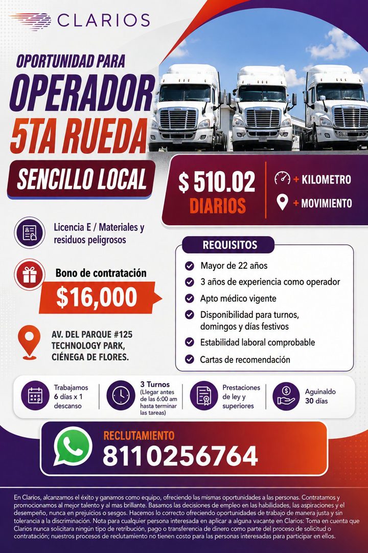 Banner del anuncio de la vacante: CLARIOS · OPORTUNIDAD PARA · OPERADOR · 5TA RUEDA · SENCILLO LOCAL · $ 510.02 · DIARIOS · (8) + KILOMETRO · + MOVIMIENTO · E · Licencia E / 