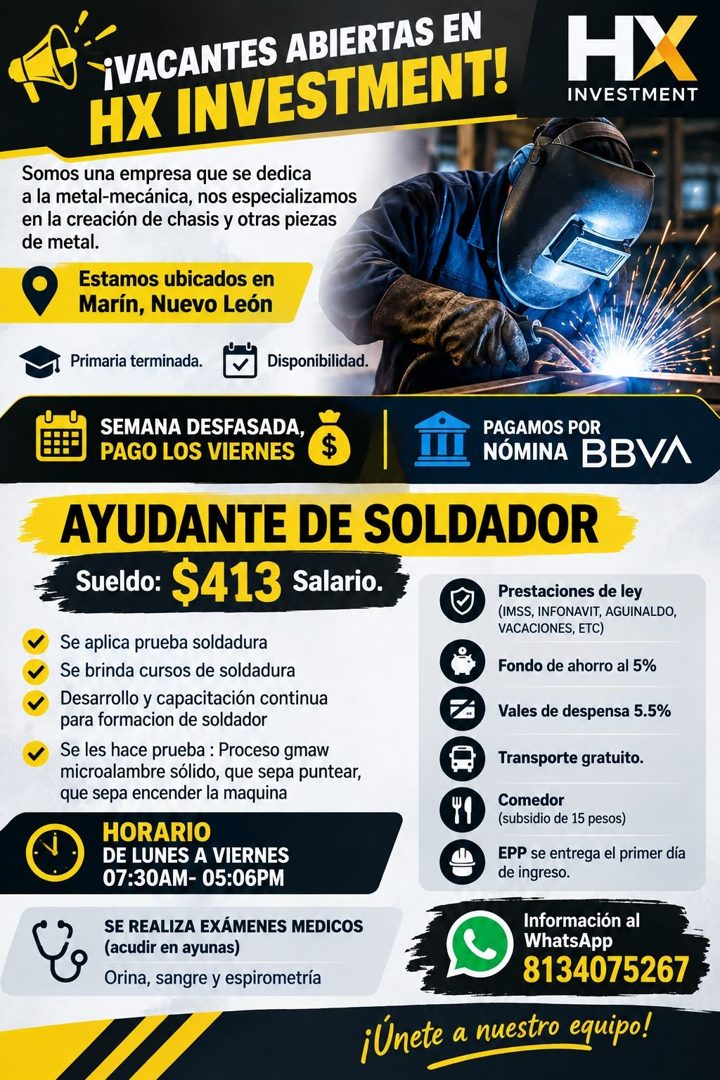 Banner del anuncio de la vacante: ¡VACANTES ABIERTAS EN · HX INVESTMENT! · Somos una empresa que se dedica · a la metal-mecánica, nos especializamos · en la creación de chasi