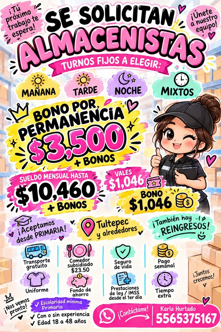 Banner del anuncio de la vacante: Probajo te · espera! · SE SOLICITAN · ¡Únete · ALNACENISTAS · a nuestro · TURNOS FIJOS A ELEGIR: · MAÑANA · TARDE · NOCHE · MIXTOS · V BONO 