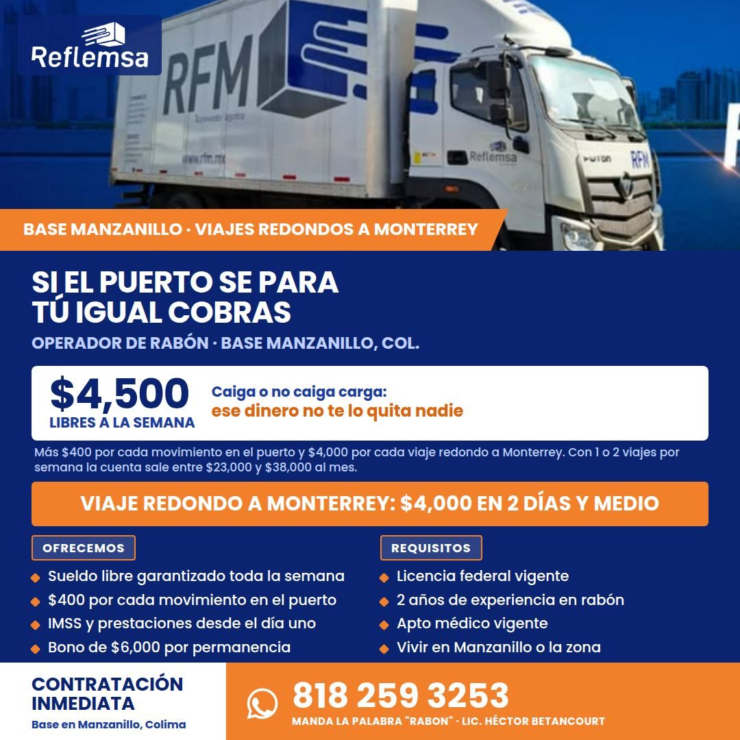 Banner del anuncio de la vacante: Reflemsa · RFMI · Reflemsa · UIOn · RFI · BASE MANZANILLO • VIAJES REDONDOS A MONTERREY · SIEL PUERTO SE PARA · TÚ IGUAL COBRAS · OPERADOR D