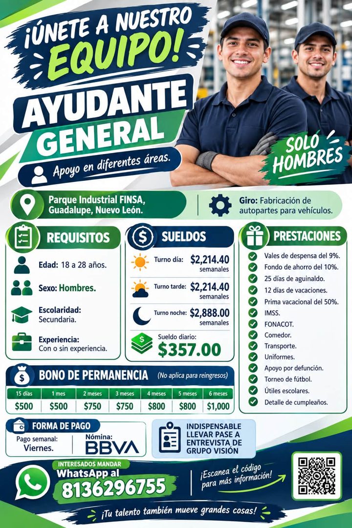 Banner del anuncio de la vacante: ¡ÚNETE A NUESTRO · EQUIPO! · AYUDANTE · GENERAL · Apoyo en diferentes áreas. · SOLO · HOMBRES · Parque Industrial FINSA, · Guadalupe, Nuevo 