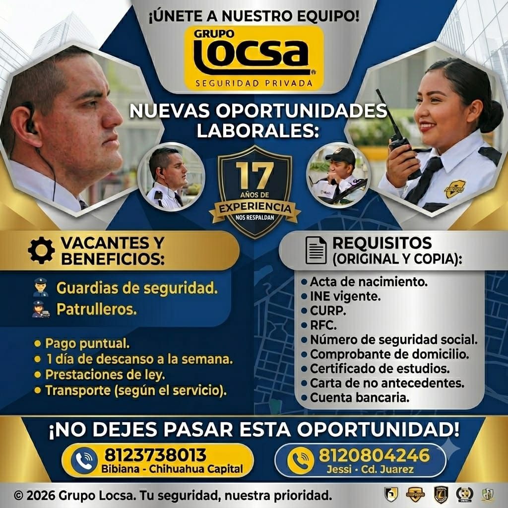 Banner del anuncio de la vacante: ¡ÚNETE A NUESTRO EQUIPO! · GRUPO · locsa · SEGURIDAD PRIVADA · NUEVAS OPORTUNIDADES · LABORALES: · 17 · AÑOS DE · EXPERIENCIA · NOS RESPALDA