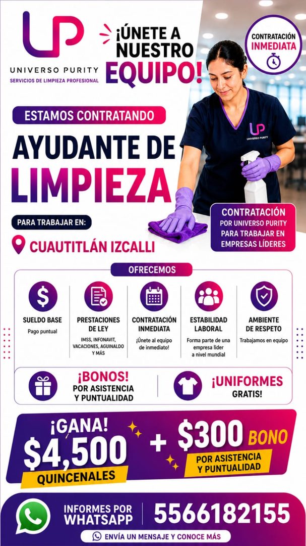Banner del anuncio de la vacante: UNIVERSO PURITY · SERVICIOS DE LIMPIEZA PROFESIONAL · ¡ÚNETE A · NUESTRO · EQUIPO! · CONTRATACIÓN · INMEDIATA · ESTAMOS CONTRATANDO · AYUDAN
