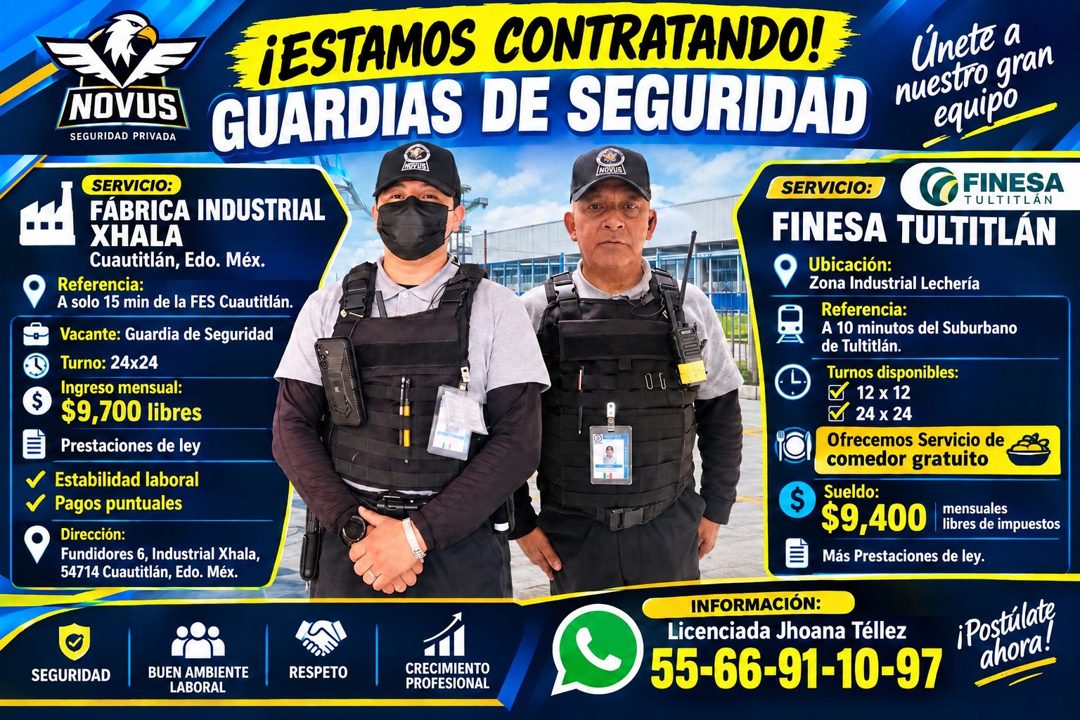 Banner del anuncio de la vacante: NOVUS · SEGURIDAD PRIVADA · SERVICIO: · FÁBRICA INDUSTRIAL · XHALA · Cuautitlán, Edo. Méx. · Referencia: · A solo 15 min de la FES Cuautitlá