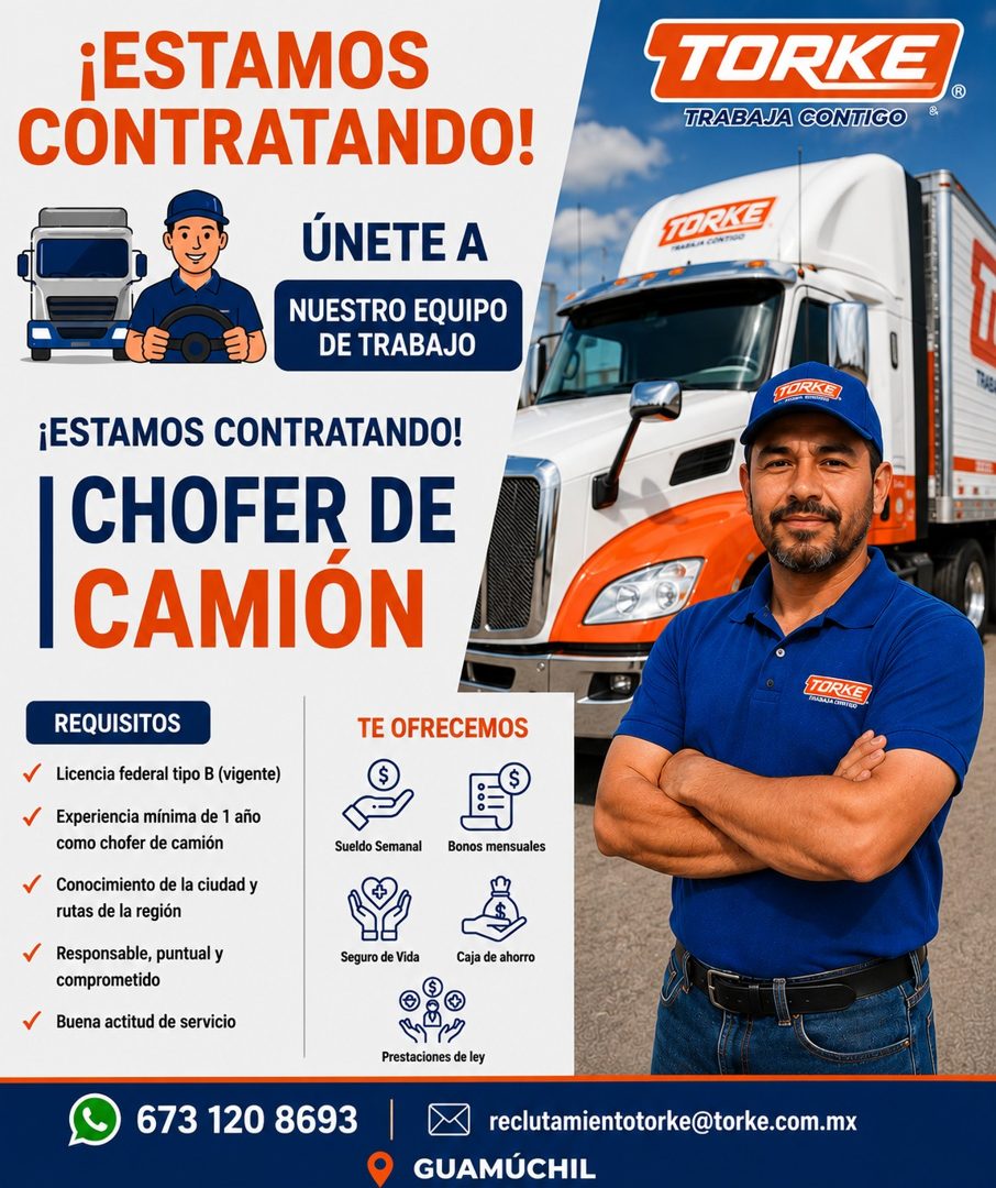 Banner del anuncio de la vacante: ¡ESTAMOS · CONTRATANDO! · ÚNETE A · NUESTRO EQUIPO · DE TRABAJO · STORKE · TRABAJA CONTIGO · 8 · TORKE · ¡ESTAMOS CONTRATANDO! · CHOFER DE ·