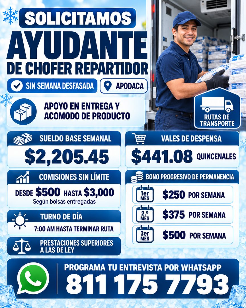 Banner del anuncio de la vacante: SOLICITAMOS · AYUDANTE · DE CHOFER REPARTIDOR · SIN SEMANA DESFASADA · APODACA · APOYO EN ENTREGA Y · ACOMODO DE PRODUCTO · RUTAS DE · TRANS