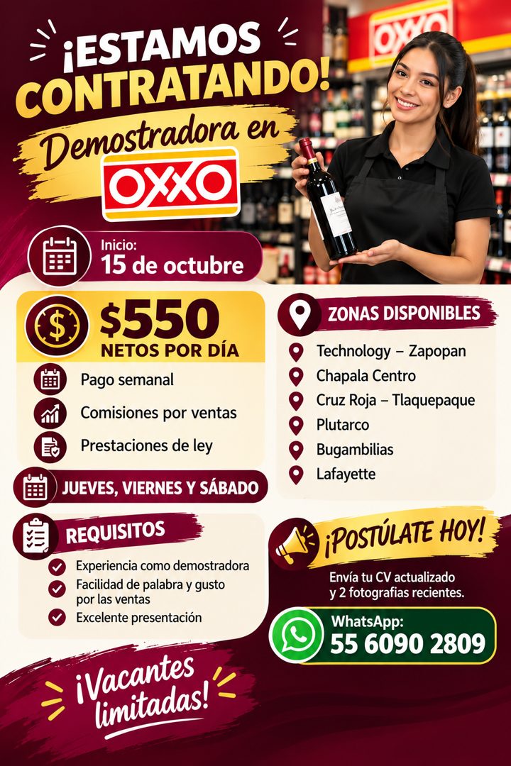 Banner del anuncio de la vacante: ¡ESTAMOS · CONTRATANDO! · Demostradora en · OXXO · Inicio: · 15 de octubre · $550 · NETOS POR DÍA · Pago semanal · Comisiones por ventas · P