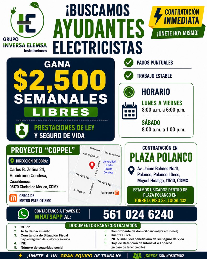 Banner del anuncio de la vacante: GRUPO · INVERSA ELEMSA · Instalaciones · ¡BUSCAMOS · AYUDANTES · ELECTRICISTAS · CONTRATACIÓN · INMEDIATA · ¡ÚNETE HOY MISMO! · GANA · $2,50