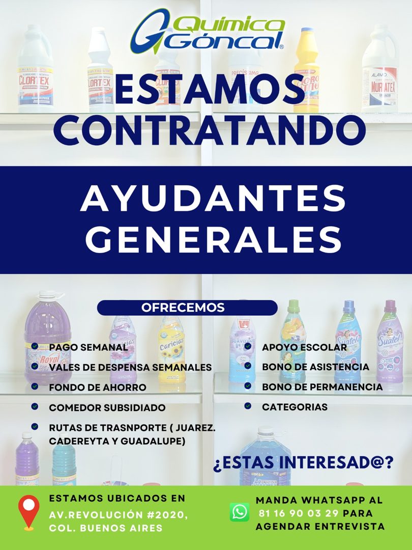 Banner del anuncio de la vacante: CLORI · GEoncal. · LORTEX · ESTAMOS · CONTRATANDO · ALAMO · MUR ATEX · AYUDANTES · GENERALES · OFRECEMOS · PAGO SEMANAL"» · Caricias · Royal