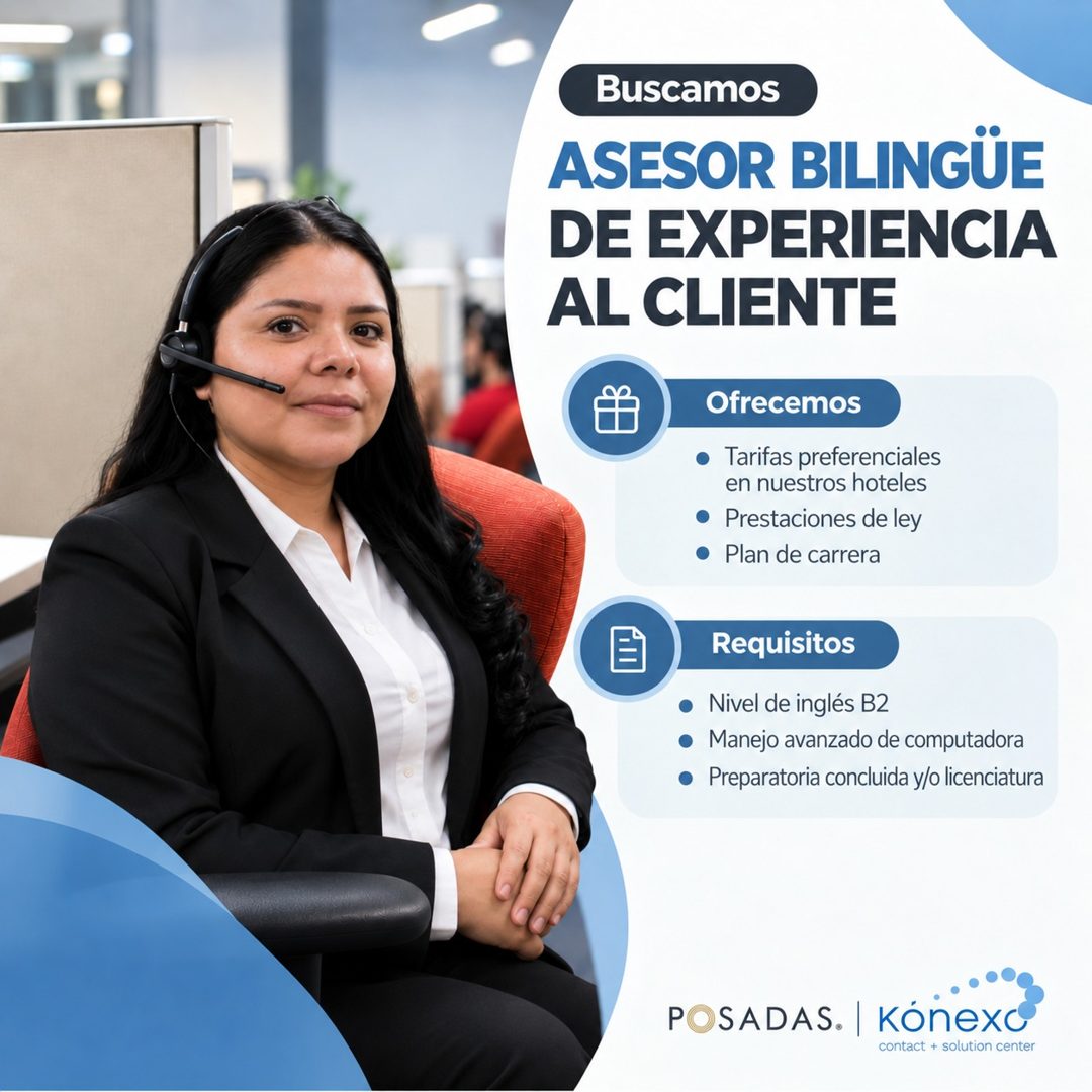 Banner del anuncio de la vacante: Buscamos · ASESOR BILINGÜE · DE EXPERIENCIA · AL CLIENTE · Ofrecemos · • Tarifas preferenciales · en nuestros hoteles · • Prestaciones de le