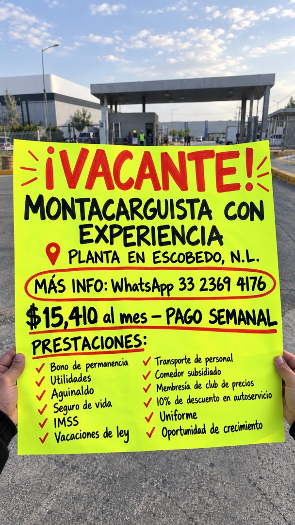 Banner del anuncio de la vacante: →IVACANTE!‹ · MONTACARGUISTA CON · EXPERIENCIA · 9 PLANTA EN ESCOBEDO, N.L. · MÁS INFO: WhatsApp 33 2369 4176 · $15,410 al mes - PAGO SEMANA