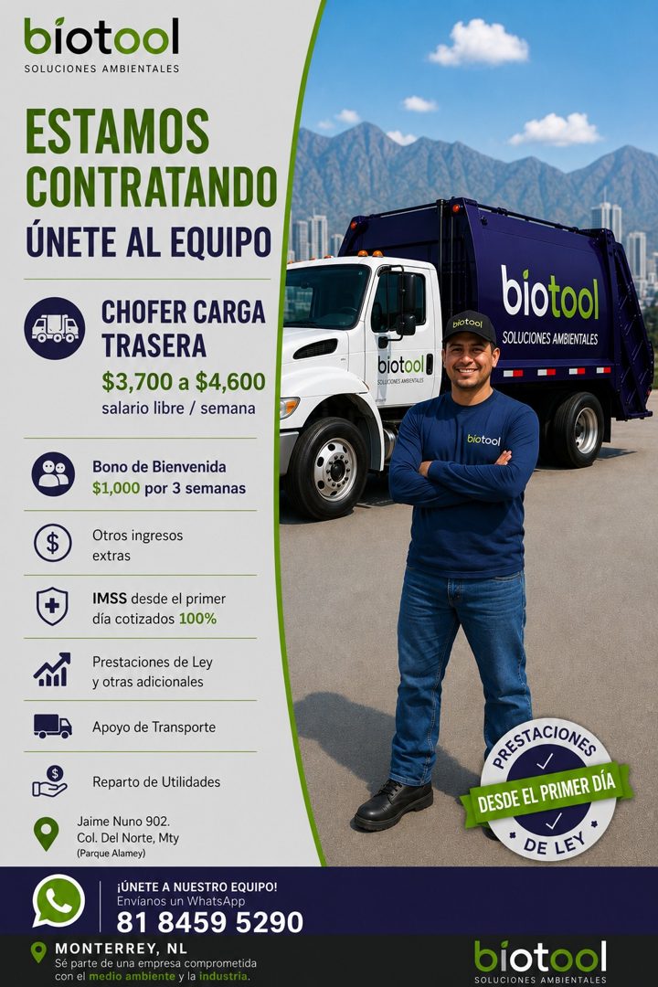 Banner del anuncio de la vacante: biotool · SOLUCIONES AMBIENTALES · ESTAMOS · CONTRATANDO · ÚNETE AL EQUIPO · CHOFER CARGA · TRASERA · $3,700 a $4,600 · salario libre / sema