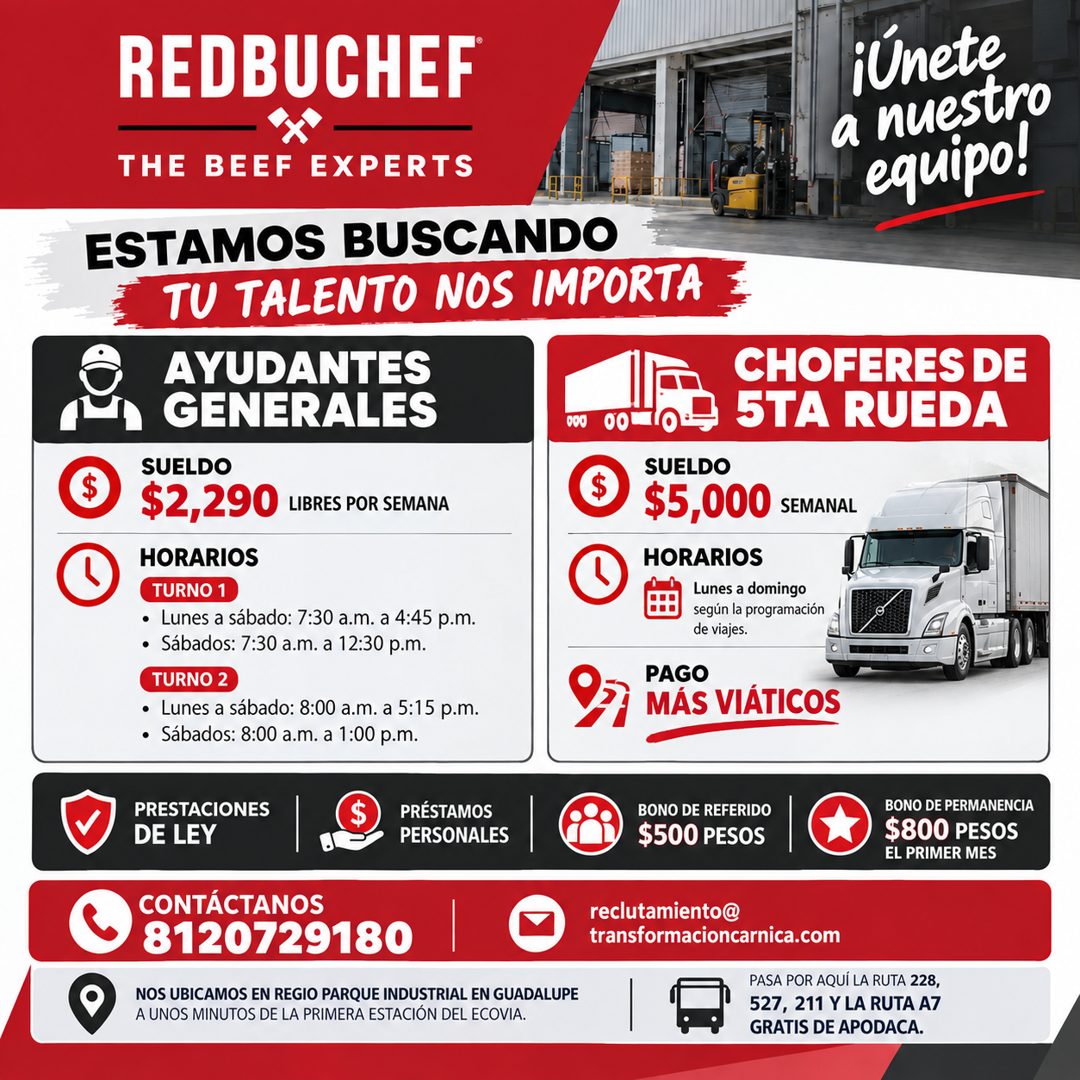 Banner del anuncio de la vacante: REDBUCHEF · ¡Únete · a nuestro · equipo! · THE BEEF EXPERTS · ESTAMOS BUSCANDO · TU TALENTO NOS IMPORTA · $ · AYUDANTES · GENERALES · SUELDO