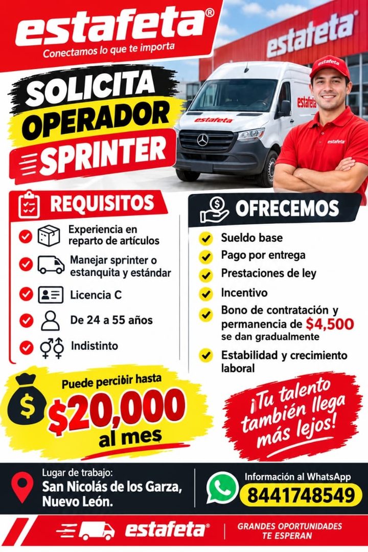 Banner del anuncio de la vacante: estafeta® · Conectamos lo que te importa · SOLICITA · OPERADOR · estafeta · ESPRINTER · REQUISITOS · Experiencia en · reparto de artículos ·
