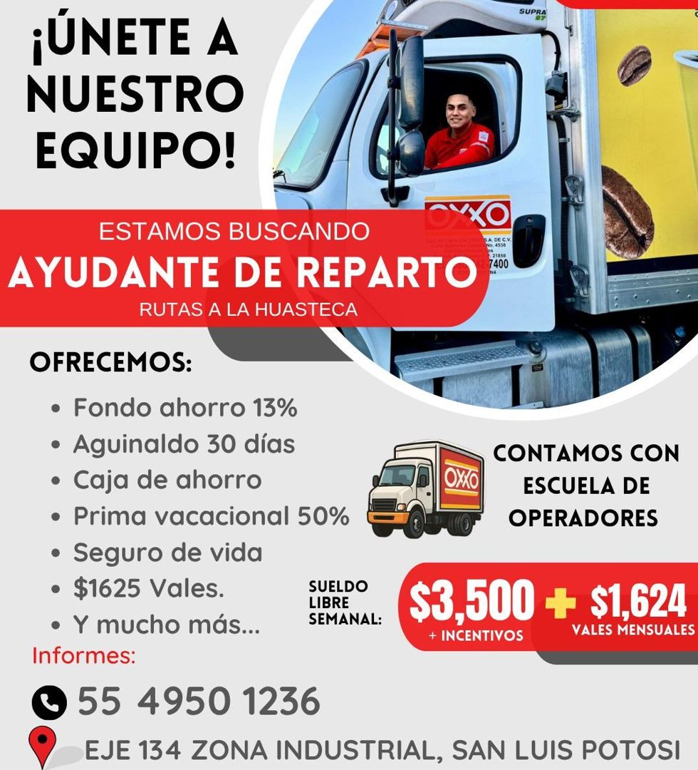 Banner del anuncio de la vacante: ¡ÚNETE A · NUESTRO · EQUIPO! · SUPRA · ESTAMOS BUSCANDO · AYUDANTE DE REPARTO · RUTAS A LA HUASTECA · OYXO · LA DE C.V. · 7400 · OFRECEMOS: 