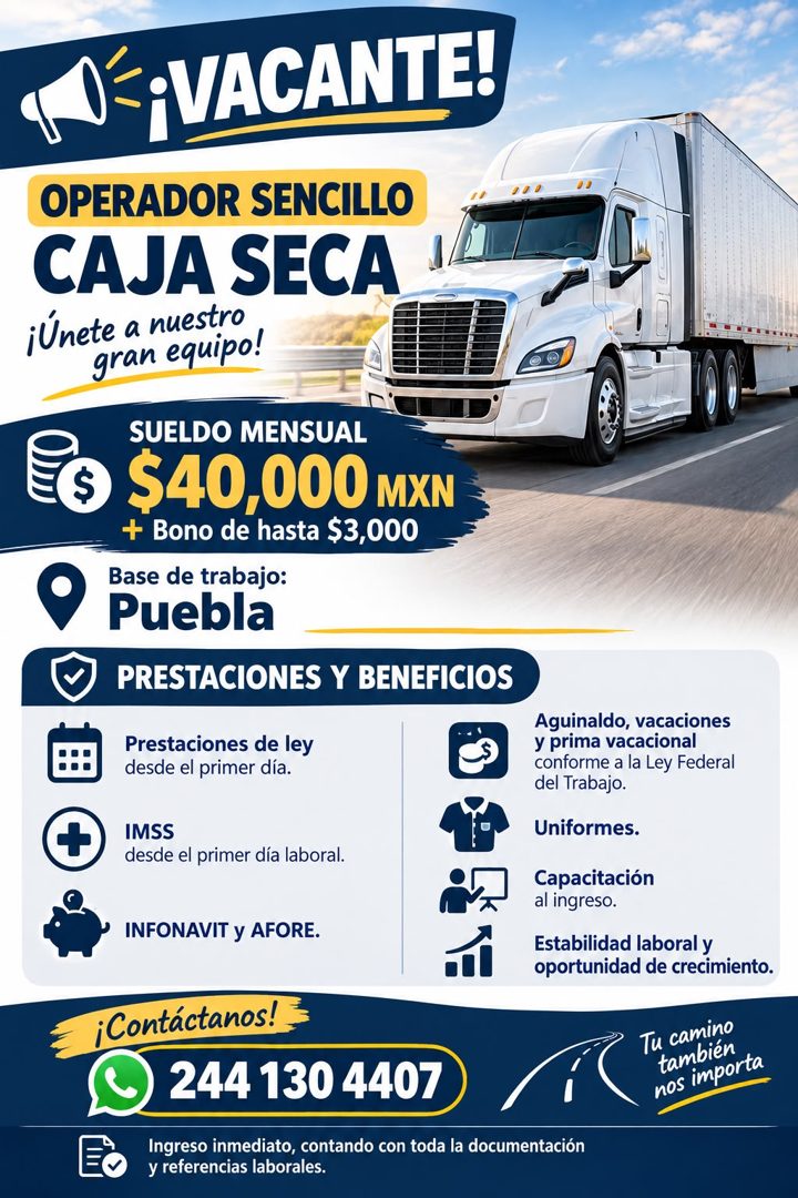 Banner del anuncio de la vacante: 0=¡ VACANTE! · OPERADOR SENCILLO · CAJA SECA · ¡Únete a nuestro · gran equipo! · SUELDO MENSUAL · $40,000 MXN · + Bono de hasta $3,000 · Bas
