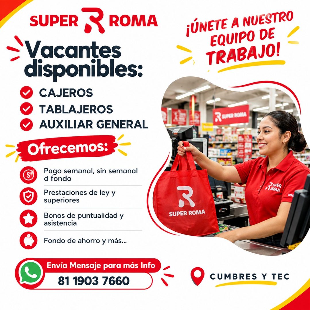 Banner del anuncio de la vacante: SUPER R ROMA · Vacantes · disponibles: · • CAJEROS · • TABLAJEROS · AUXILIAR GENERAL · Ofrecemos: · S · Pago semanal, sin semanal · d fondo 
