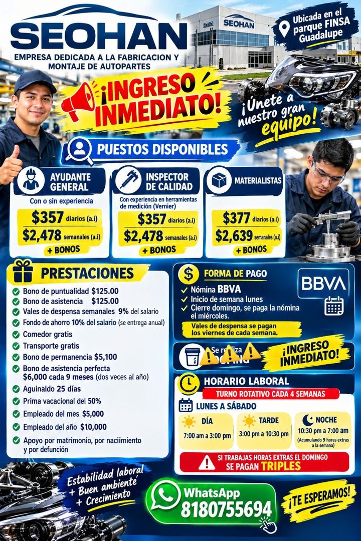 Banner del anuncio de la vacante: SEOHAN · SEOHAN · EMPRESA DEDICADA A LA FABRICACION Y · MONTAJE DE AUTOPARTES · ¡INGRESO · INMEDIATO! · ¡Únete a · nuestro gran · equipo! · 