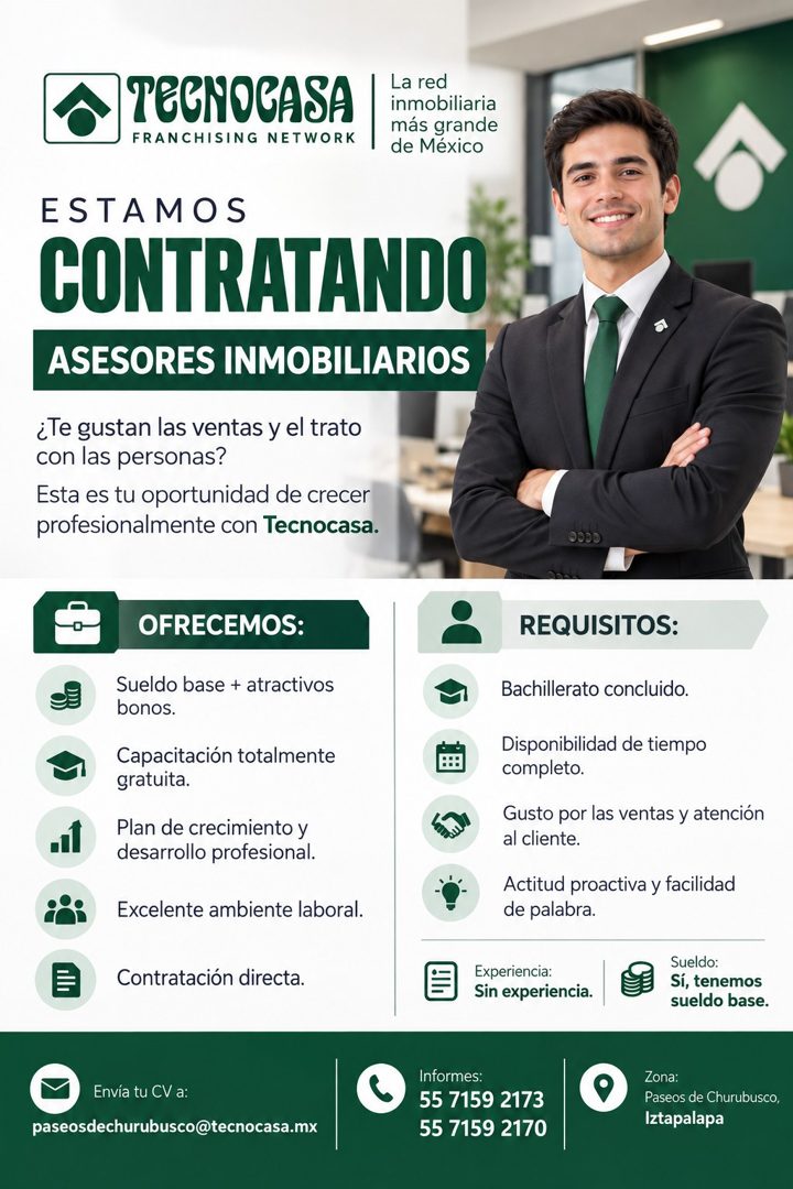 Banner del anuncio de la vacante: TECNOCASA · FRANCHISING NETWORK · La red · inmobiliaria · más grande · de México · ESTAMOS · CONTRATANDO · ASESORES INMOBILIARIOS · ¿Te gust