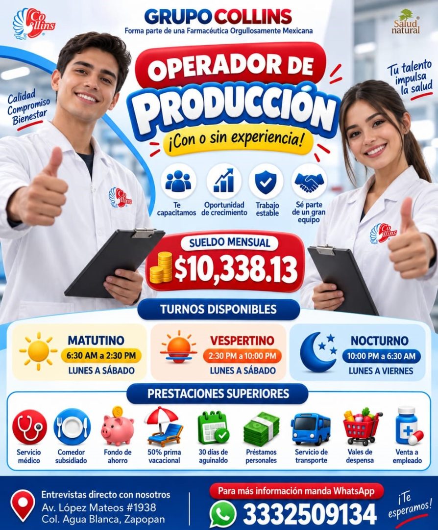 Banner del anuncio de la vacante: Co · lins · Calidad · Compromiso · Bienestar · GRUPO COLLINS · Forma parte de una Farmacéutica Orgullosamente Mexicana · OPERADOR DE · PRODU