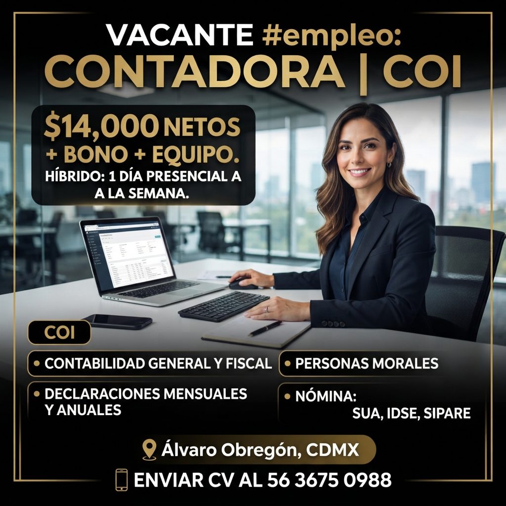 Banner del anuncio de la vacante: VACANTE #empleo: · CONTADORA COI · $14,000 NETOS · + BONO + EQUIPO. · HÍBRIDO: 1 DÍA PRESENCIAL A · A LA SEMANA. · COI · CONTABILIDAD GENERA