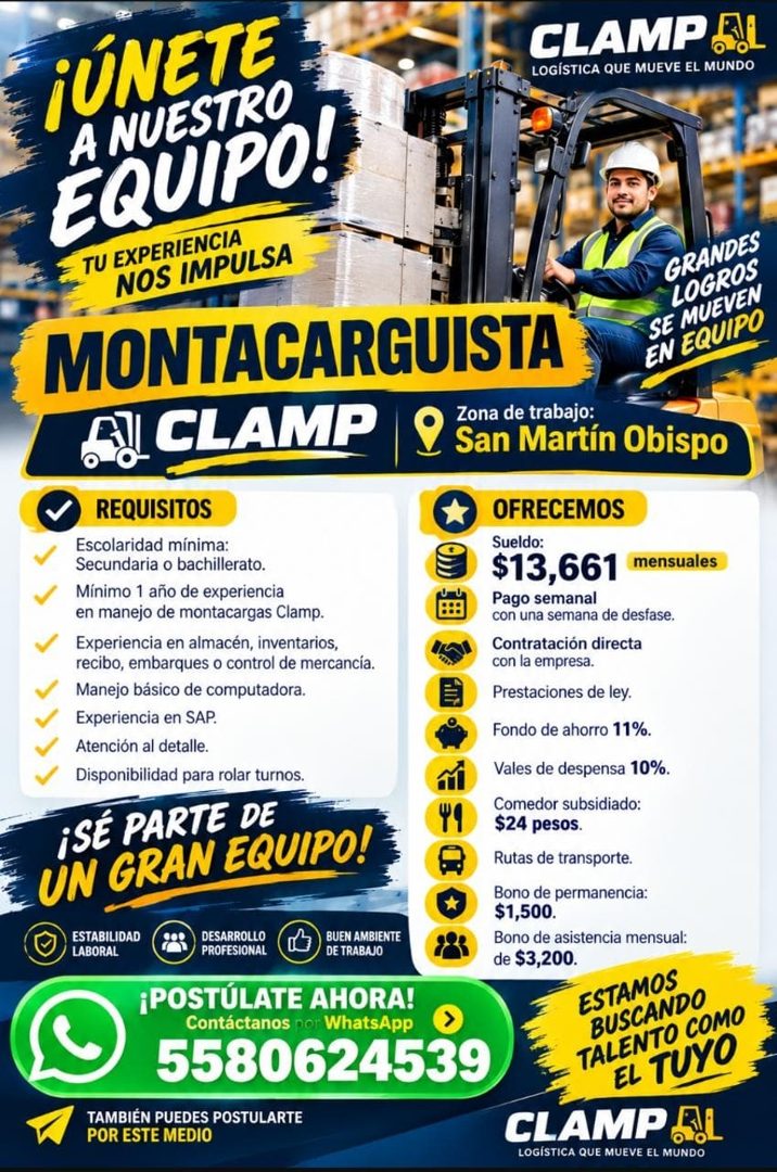Banner del anuncio de la vacante: ¡ÚNETE · A NUESTRO · EQUIPO! · TU EXPERIENCIA · NOS IMPULSA · CLAMP · LOGÍSTICA QUE MUEVE EL MUNDO · GRANDES · LOGROS · SE MUEVEN · EN EQUIP
