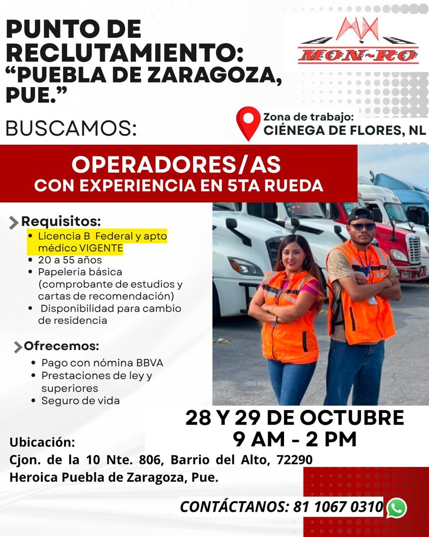 Banner del anuncio de la vacante: PUNTO DE · RECLUTAMIENTO: · "PUEBLA DE ZARAGOZA, · PUE." · BUSCAMOS: · HOMER · Zona de trabajo: · CIÉNEGA DE FLORES, NL · OPERADORES/AS · CO