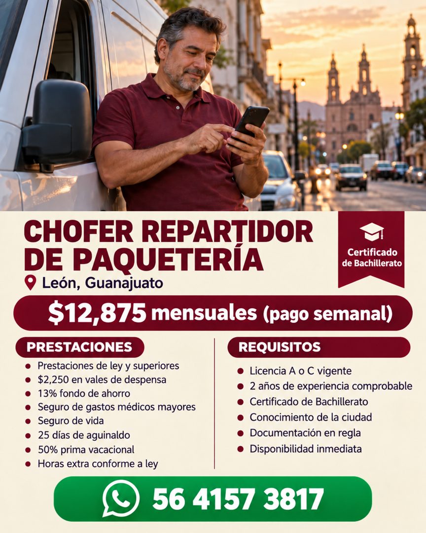 Banner del anuncio de la vacante: CHOFER REPARTIDOR · DE PAQUETERIA · Certificado · de Bachillerato · • León, Guanajuato · $12,875 mensuales (pago semanal) · PRESTACIONES · •