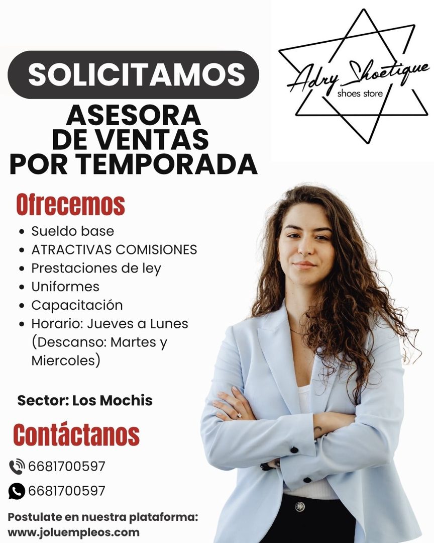 Banner del anuncio de la vacante: SOLICITAMOS · ASESORA · DE VENTAS · POR TEMPORADA · Ofrecemos · • Sueldo base · • ATRACTIVAS COMISIONES · • Prestaciones de ley · • Uniforme