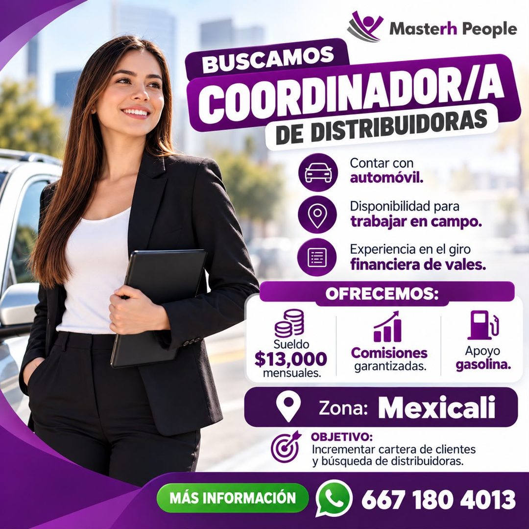 Banner del anuncio de la vacante: Masterh People · BUSCAMOS · COORDINADOR/A · DE DISTRIBUIDORAS · Contar con · automóvil. · Disponibilidad para · trabajar en campo. · Experie