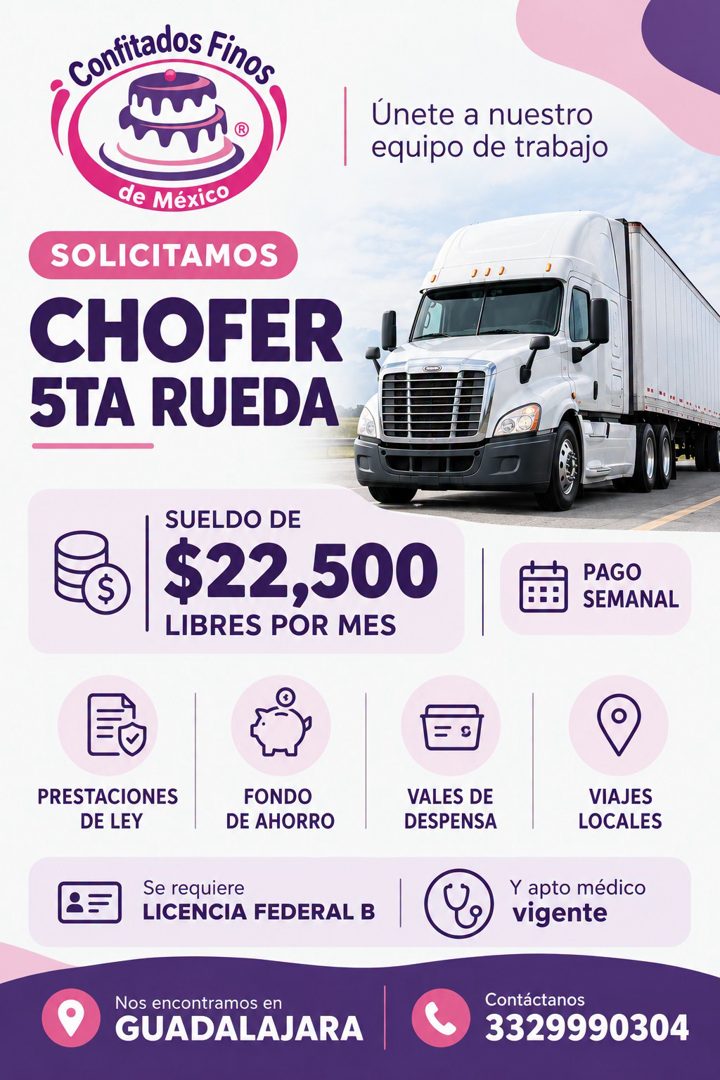 Banner del anuncio de la vacante: Confitados Finos · ® · Únete a nuestro · equipo de trabajo · de México · SOLICITAMOS · CHOFER · 5TA RUEDA · SUELDO DE · $22,500 · LIBRES POR
