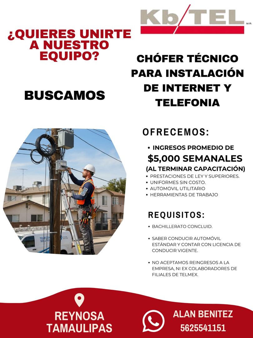 Banner del anuncio de la vacante: Kb · ¿QUIERES UNIRTE · A NUESTRO · EQUIPO? · BUSCAMOS · CHÓFER TÉCNICO · PARA INSTALACIÓN · DE INTERNET Y · TELEFONIA · TEVECON · soluto · O