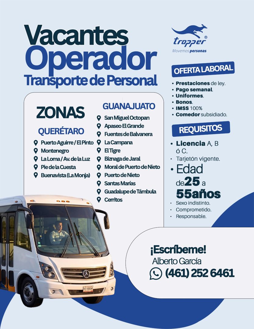 Banner del anuncio de la vacante: Vacantes · Operador · Transporte de Personal · tropper · Movemos personas · ZONAS · QUERÉTARO · • Puerto Aguirre / El Pinto · Montenegro · L
